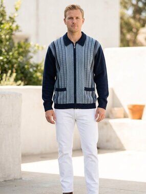 Arnold Palmer Zip-Front Sweater Navy and Grey Wool Blend Men’s Size Large Casual